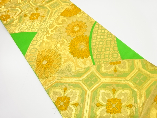 アンティーク　地紙に菊唐草・花蜀江紋織り出し袋帯（着用可）